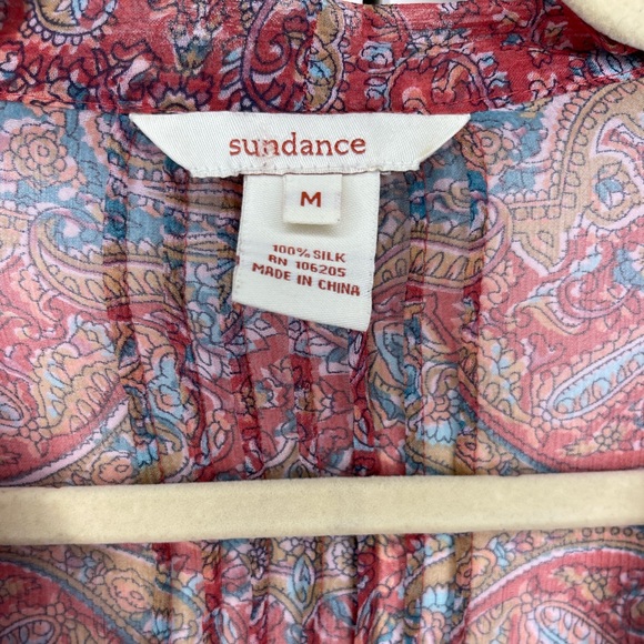Sundance 100% Silk Paisley Blouse Tie Neck 3/4 Sleeve Sheer Pleated Bust | M - Picture 3 of 11